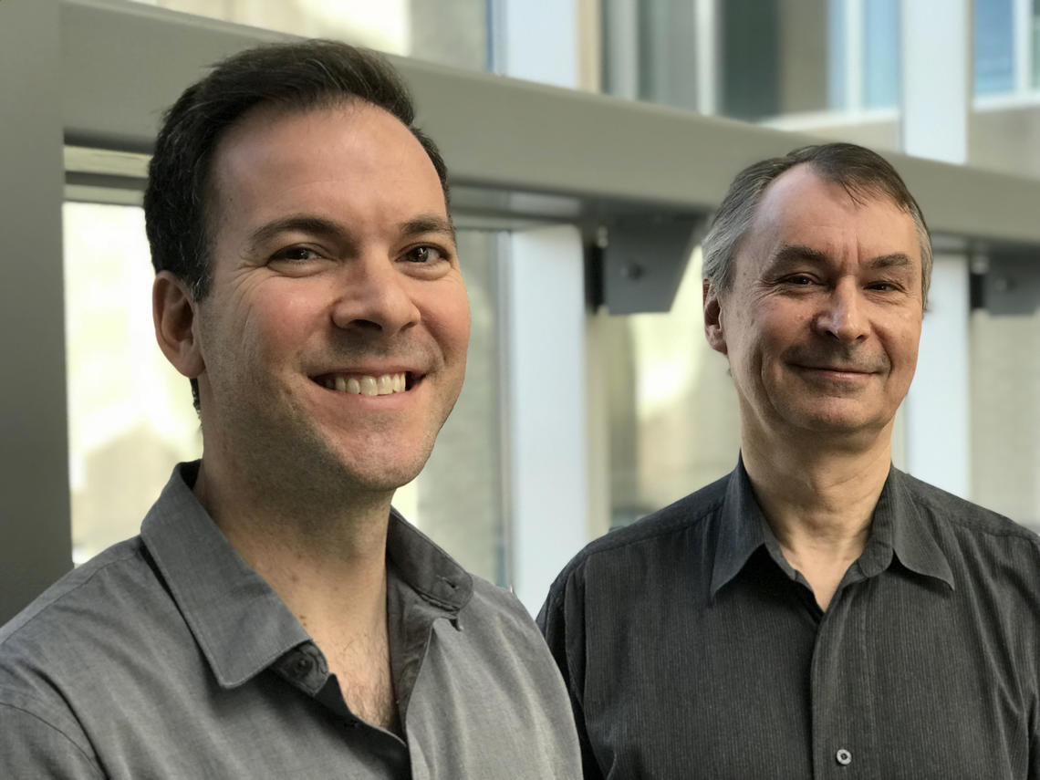 University of Calgary scientists Andrew Caprariello, PhD, left, and Dr. Peter Stys, professor at the Cumming School of Medicine, are challenging conventional thinking about the root cause of multiple sclerosis.