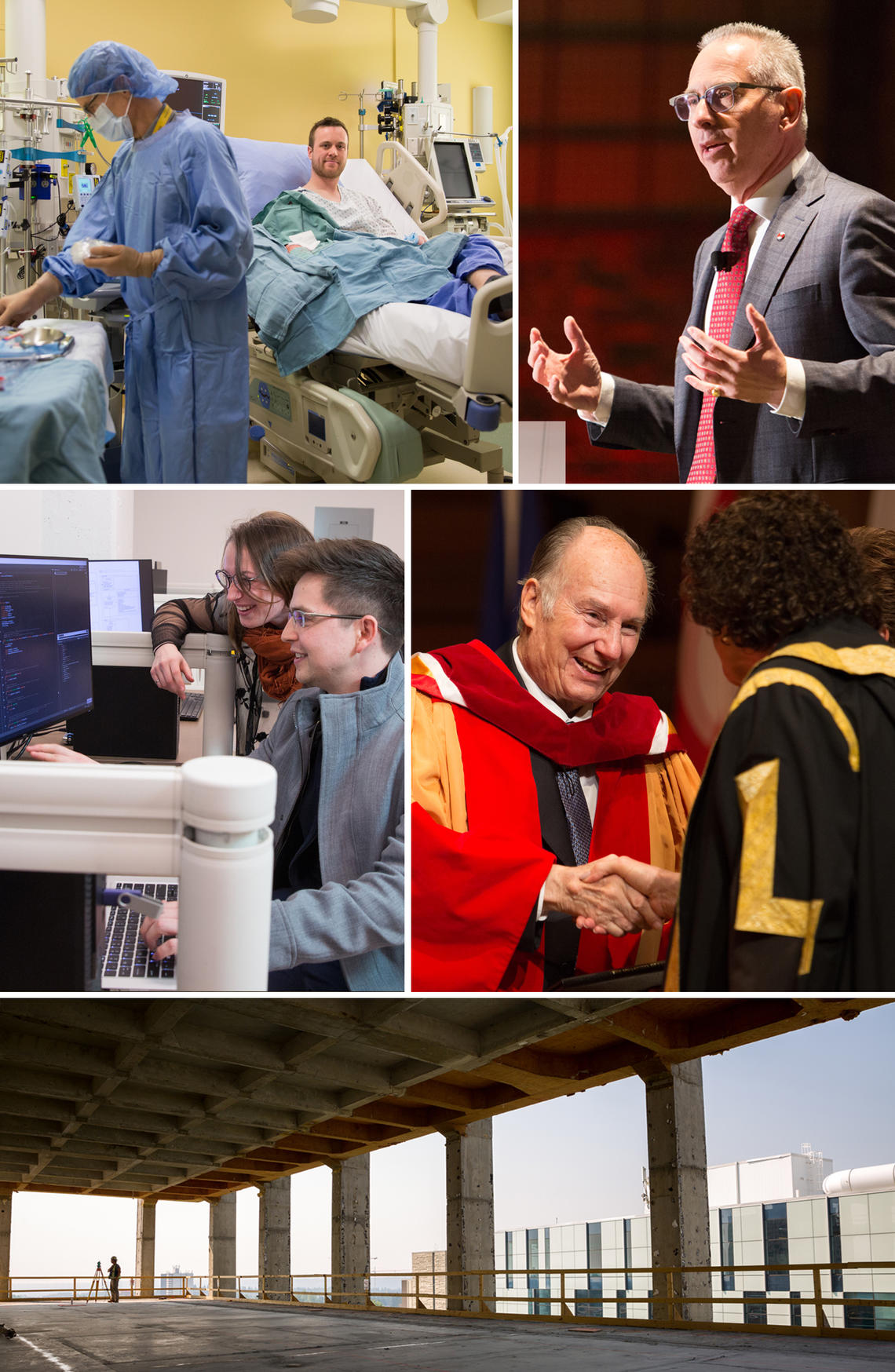 Recent campus news moments, clockwise from top left: In a study involving the University of Calgary, a patient was the first person in Canada to receive a direct intravenous injection gene replacement to treat urea cycle disorder; President Ed McCauley speaks at a campus meet-and-greet with students, faculty and staff; His Highness the Aga Khan receives an honorary degree; progress made on the MacKimmie Complex and Professional Faculties Building Redevelopment Project; students in the Schulich School of Eng