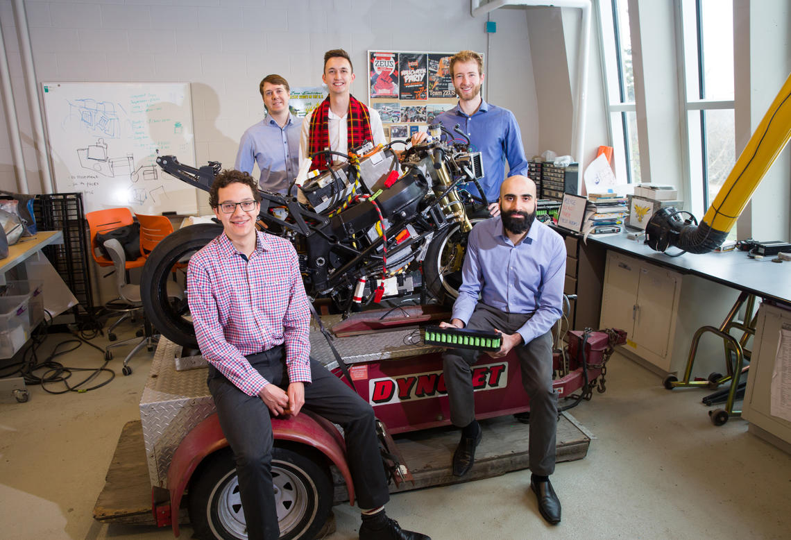 Five current and former University of Calgary students are providing a smart solution to electric vehicle maintenance. From left, David Atkins-Apeldoorn, Daniel Sieben, Roger Hull, Tanner Ober and Rajiv Parmar, the members of Oberon Technologies. Roger Hull has been selected as one of 12 finalists across Canada for the Enactus 2019 Student Entrepreneur.