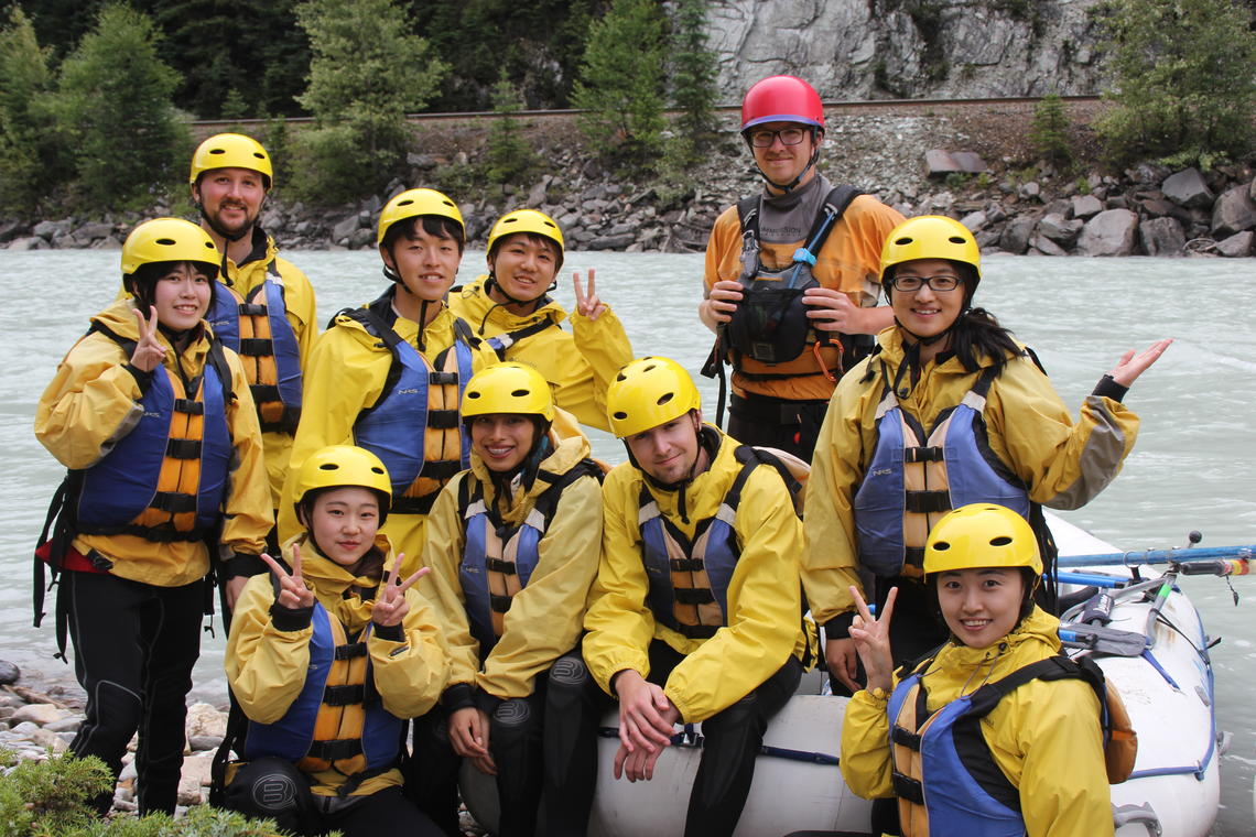 International students on rafting excursion near Banff. 