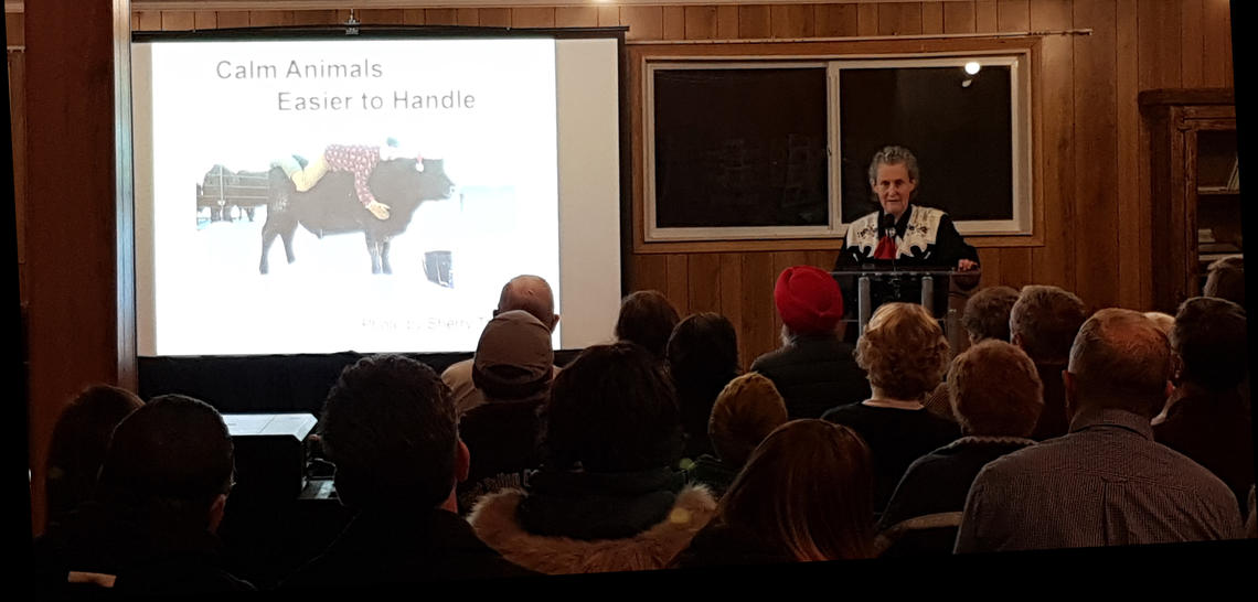 Grandin speaks to ranchers and 4-H clubs at Dog Pound Community Hall. 
