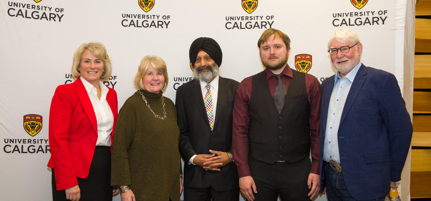 With University of Calgary President Elizabeth Cannon, left, at the W.A. Ranches donation announcement on Friday were, from left: Wynne Chisholm, Faculty of Veterinary Medicine Dean Baljit Singh, Jamie Chisholm, and Bob Chisholm. Photos by Riley Brandt, University of Calgary 