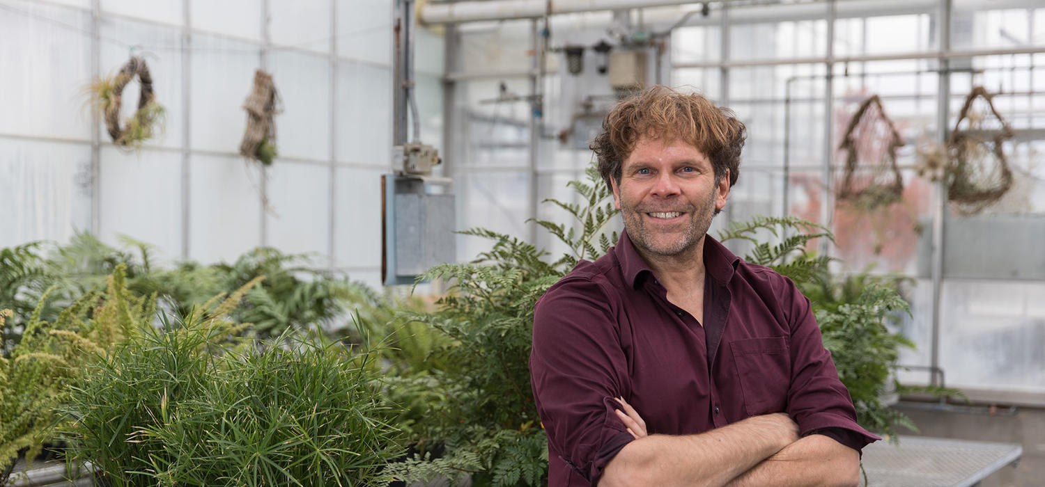 Peter Facchini stands in the greenhouse in the Faculty of Science