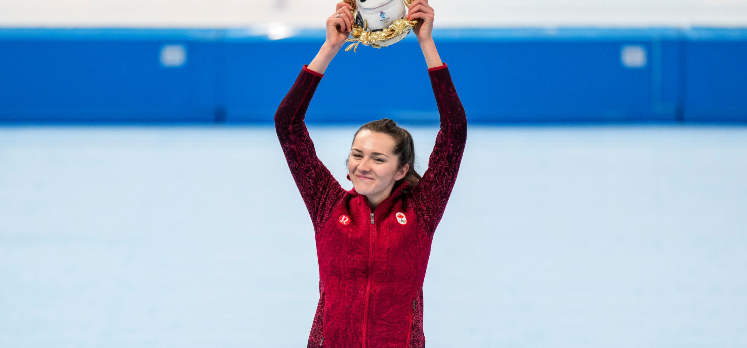 Team Canada long-track speedskater Isabelle Weidemann celebrates after winning the silver medal at the Beijing 2022 Olympic Winter Games.