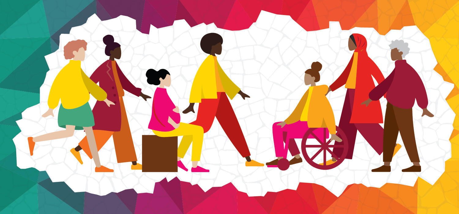 Illustration with a multicoloured background and a group of diverse women in the middle.