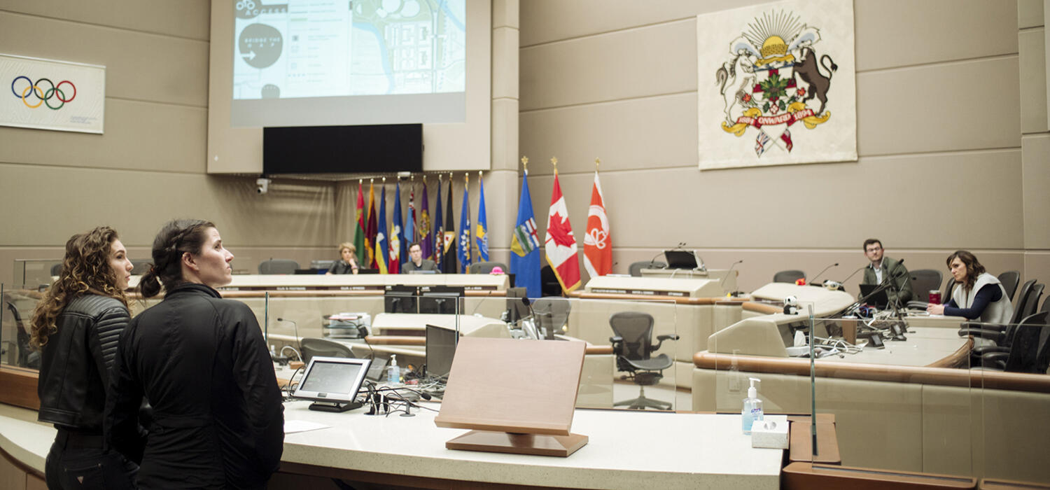 Students in Urban Studies 451 present their project to panelist inside The City of Calgary council chambers