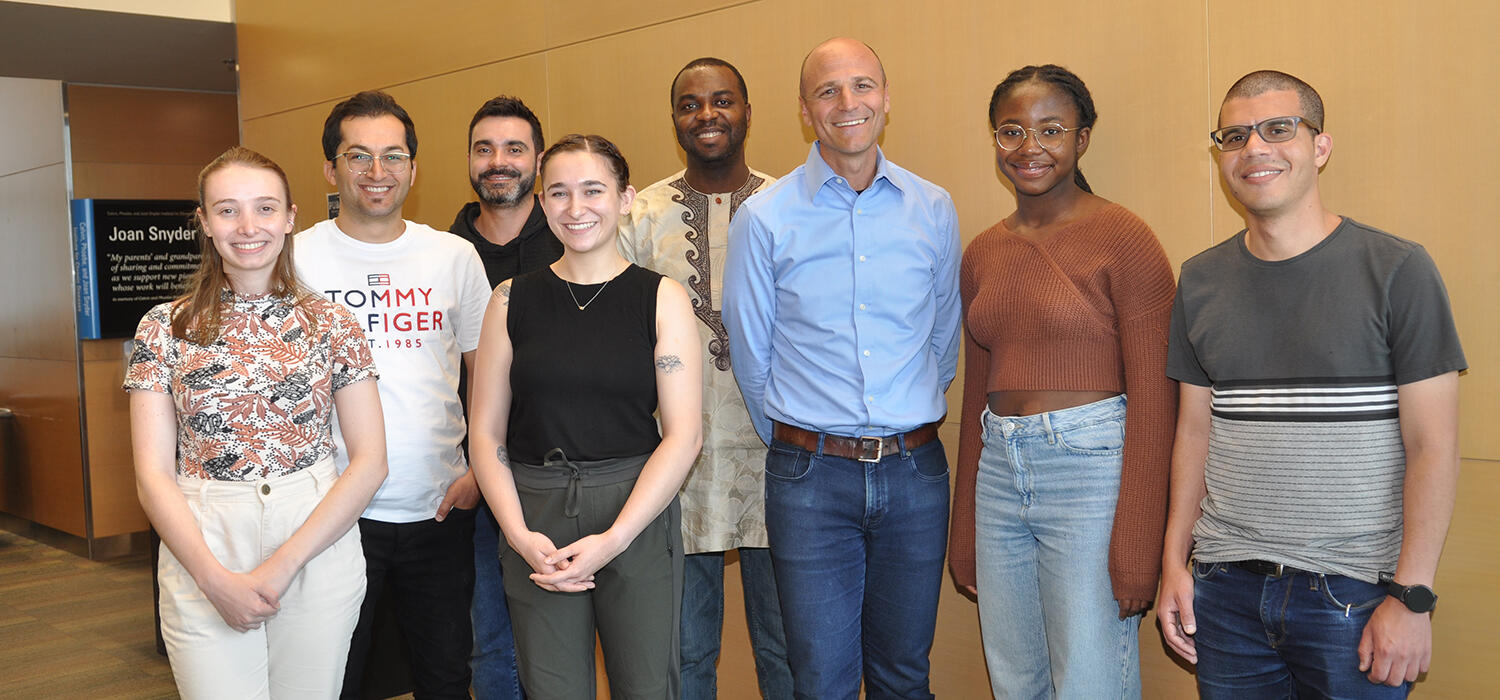 The Peters lab, from L to R: Camila Gaio, Ramyar Azizi, Matheus Carneiro, Gabi Gee, Chukwunonso Nzelu, Nathan Peters, Deborah Ola, and Leon Melo.