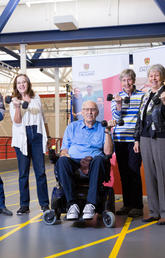 The University of Calgary honoured Hertha and Harvey Rose and Ria and Marv Meloche at an event announcing each couple’s philanthropic support for the Rehabilitation and Fitness Program for Persons with Disabilities. From left: Harvey Rose, Hertha Rose, Marvin Meloche, Ria Meloche, and Penny Werthner, dean of the Faculty of Kinesiology. Photo by Riley Brandt, University of Calgary