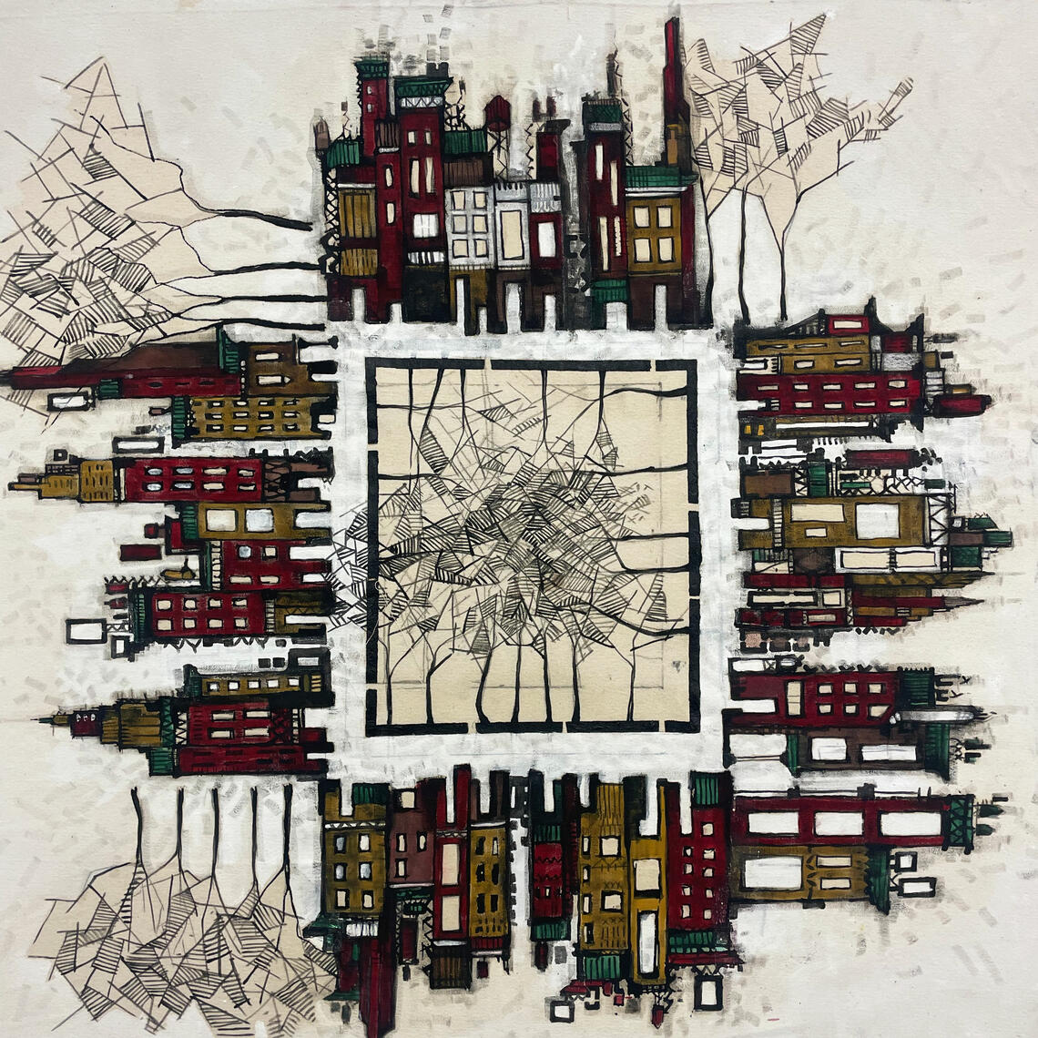 Landscape Drawing - A square in the middle with drawings of skyscrapers on each side