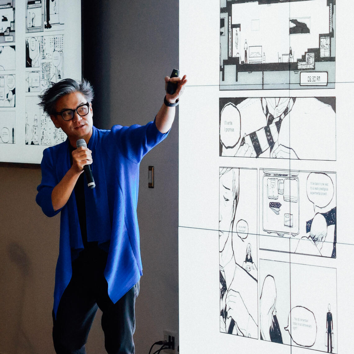 Jimenez Lai presenting in the CBDL building.