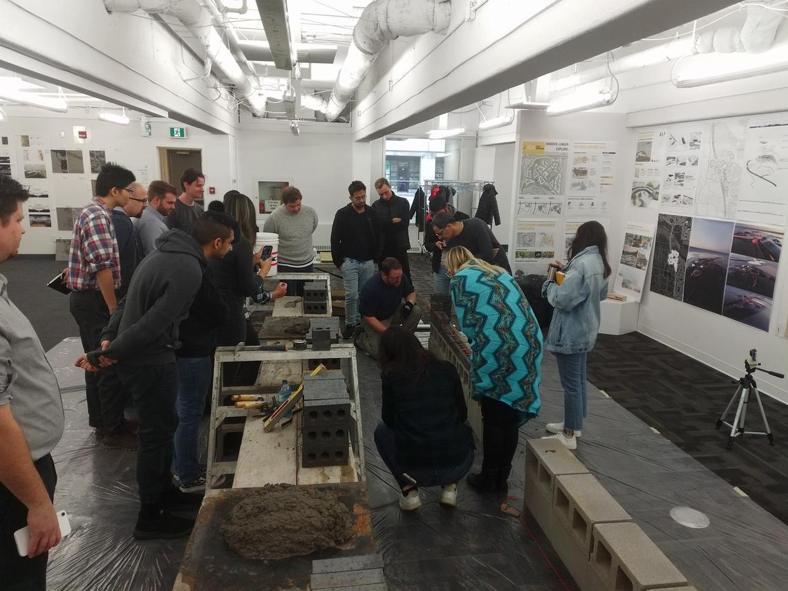 Senior architecture studio learns about bricklaying with local masons as part of a research project funded by the Alberta Masonry Council.