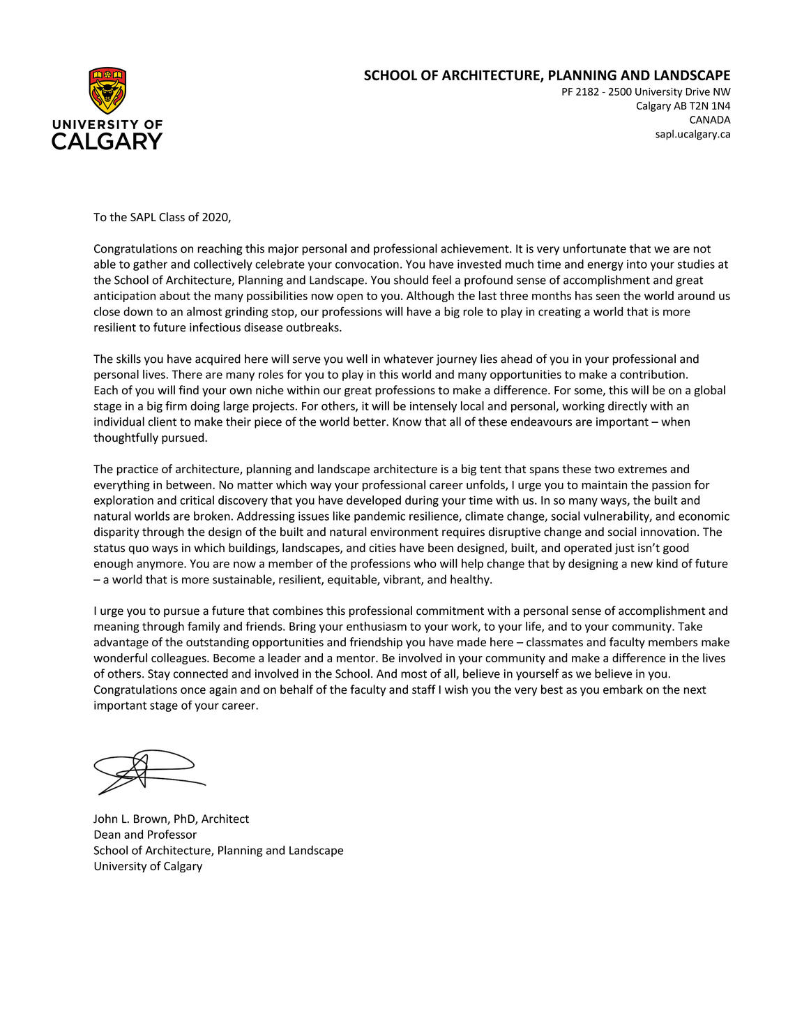 Letter to graduating class 2020 Letter to graduating class 2020
