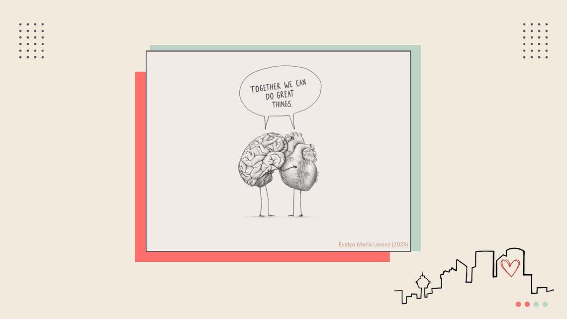 A brain and a heart hug each other and say to each other "Together, we can do great things".