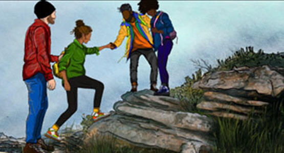 Drawings of people in a hike, helping each other in steps