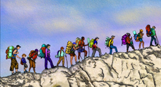 Drawings of different people in a hike