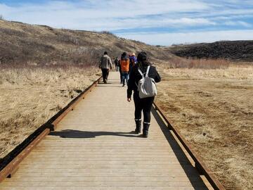 SAPL MLA students on a field trip crossing a bridge.