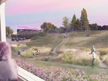 A grassy landscape with a pink sunset. People walk through the landscape.